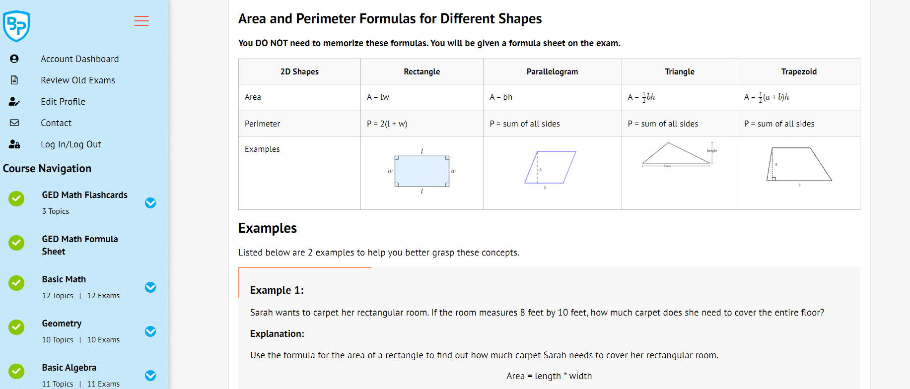 A screenshot from the BoostPrep GED course showing an example module.