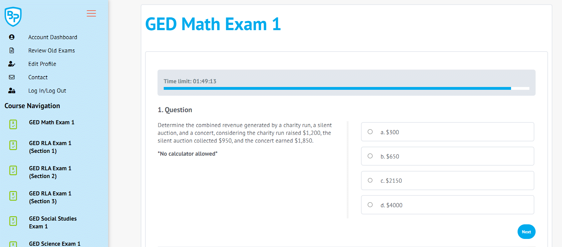 A screenshot from the BoostPrep GED course showing an example full-length exam.