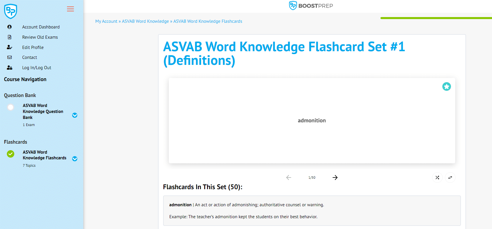 A screenshot showing some of the ASVAB flashcards from the course