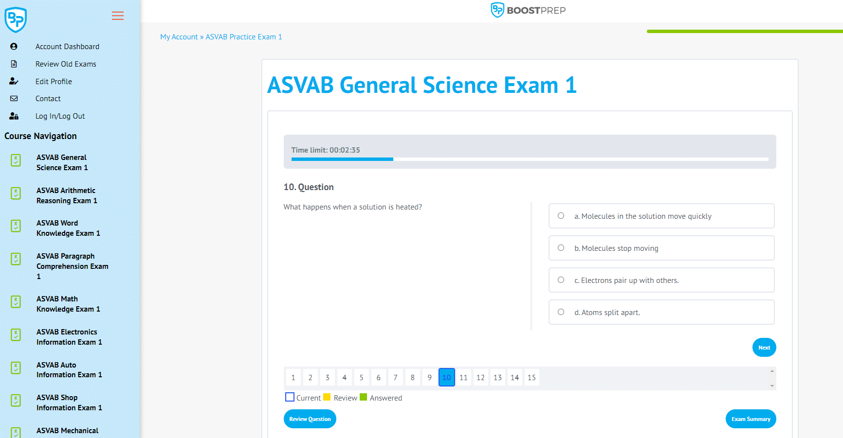 A screenshot showing an ASVAB practice exam from the course