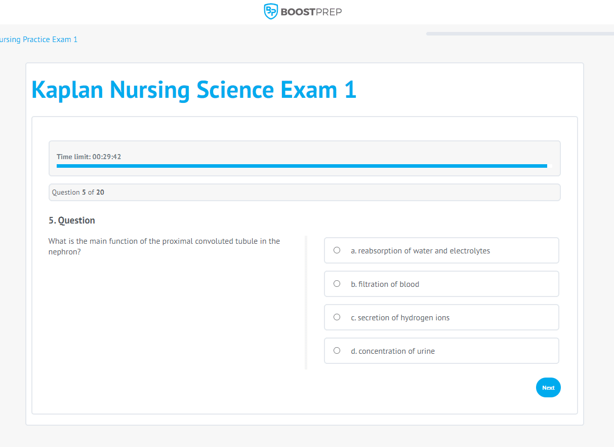 An image showing an example of a practice exam in the BoostPrep Kaplan Nursing Exam prep course