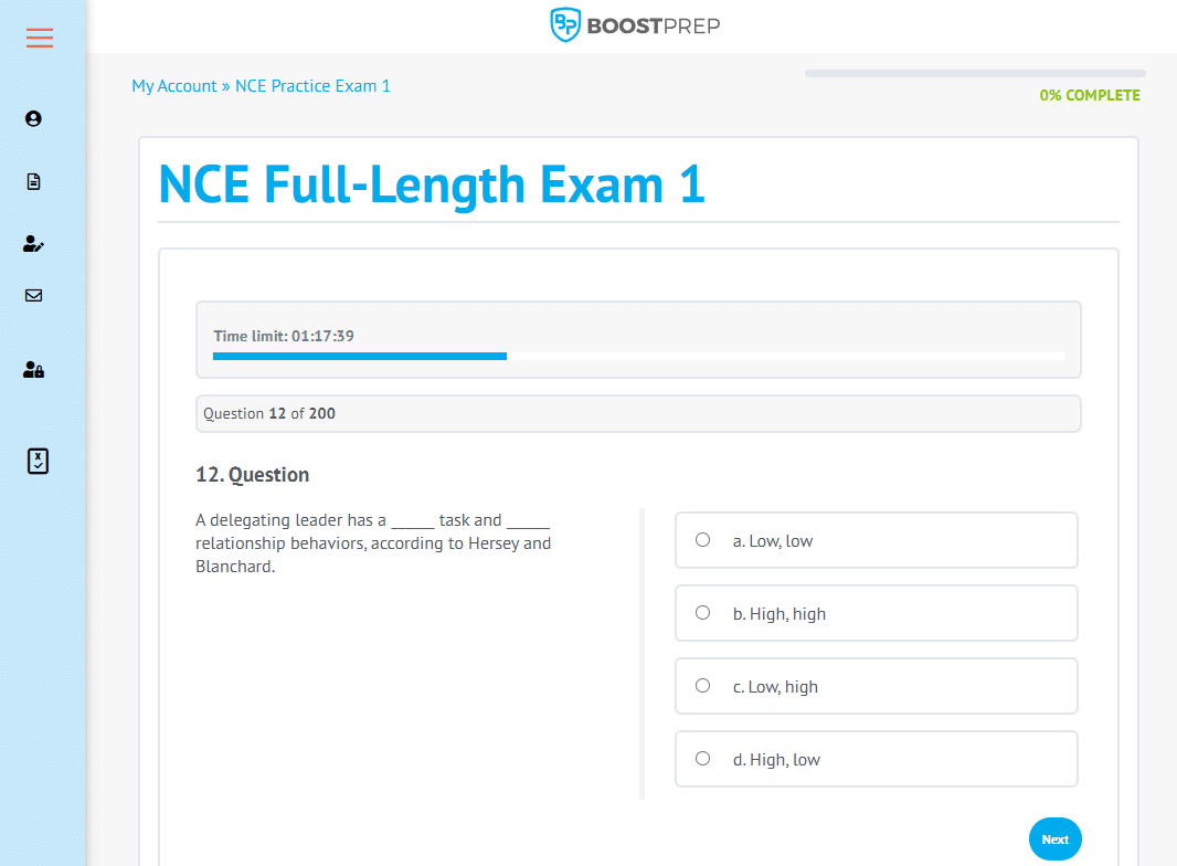 An image showing an example of a practice exam in the BoostPrep NCE course