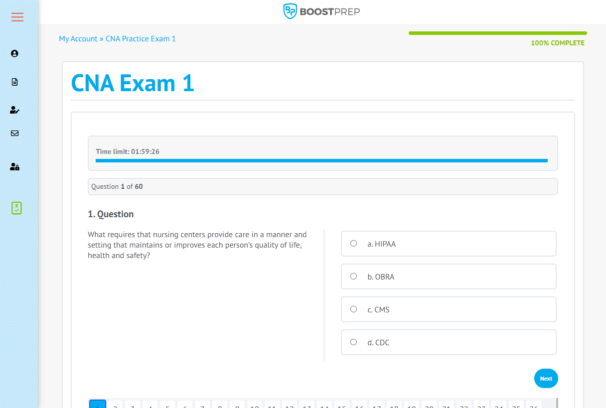 An example screenshot of a practice exam from the BoostPrep CNA prep course